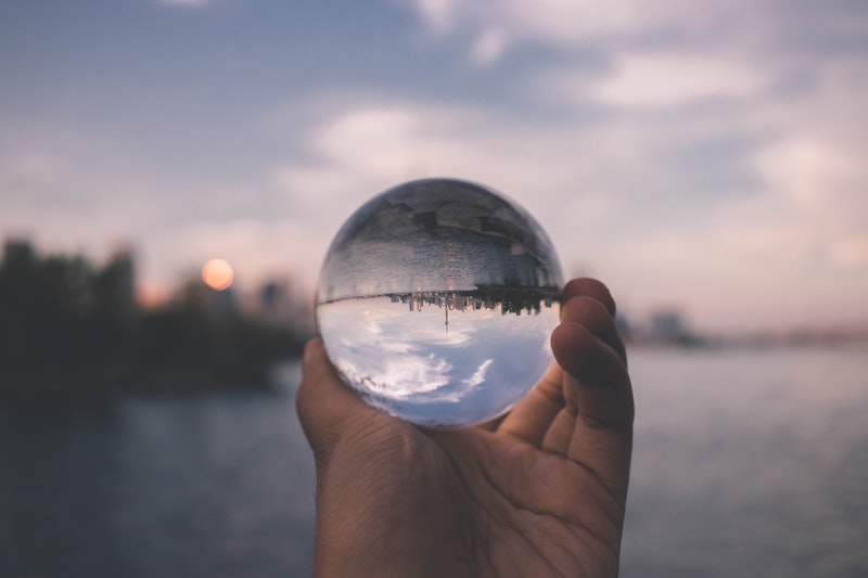 A view of the city through a glass globe